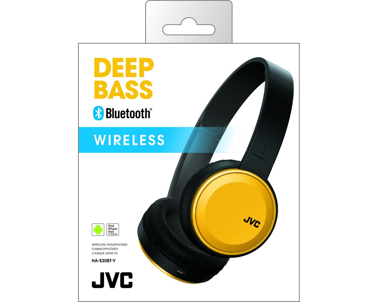 JVC Wireless On-ear Headphone HA-S30BTHeadphonesListen wirelessly to your favourite musicAll Bluetooth function operated with 4 buttons on headphone housingBass Boost function for dynamic bass sound (on/off)Flat-foldable design for ease of portability17 h